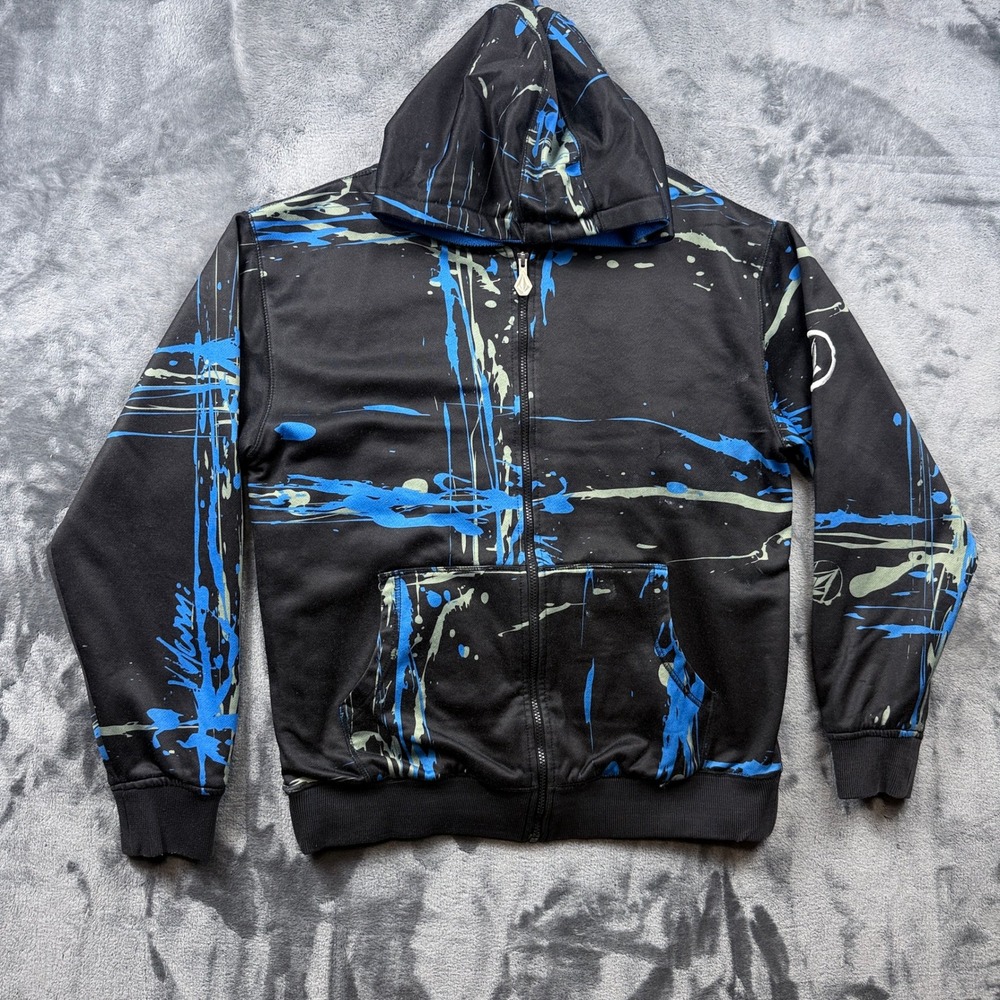 Volcom Full Zip Hoodie Mens Large Black Blue Abstract Paint Splatter Skateboard